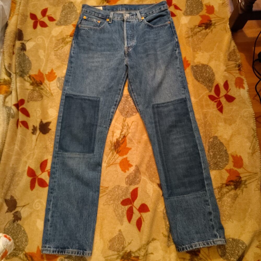 Levi’s 501 Patchwork Reconstructed Jeans Big E Leather Patch 100% Cotton 28x30